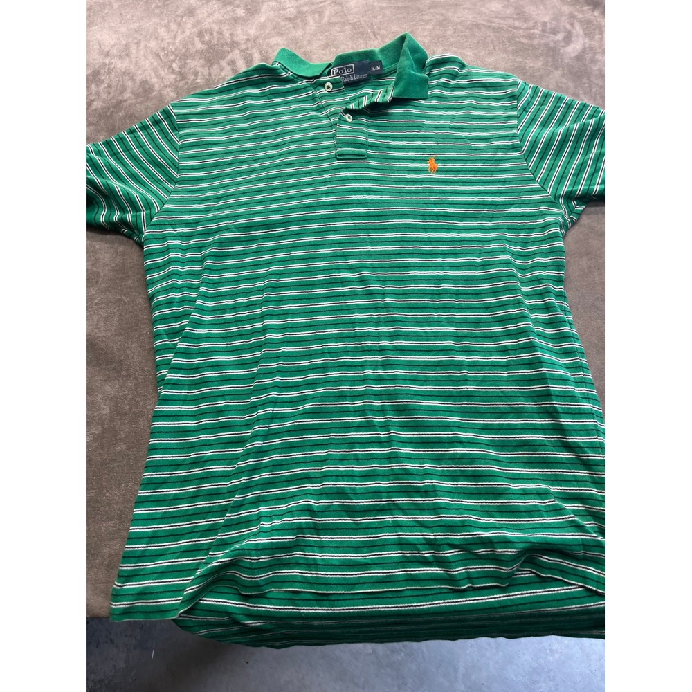 Polo Ralph Lauren Mens Green Striped Short Sleeve Polo Shirt Orange Pony Size M